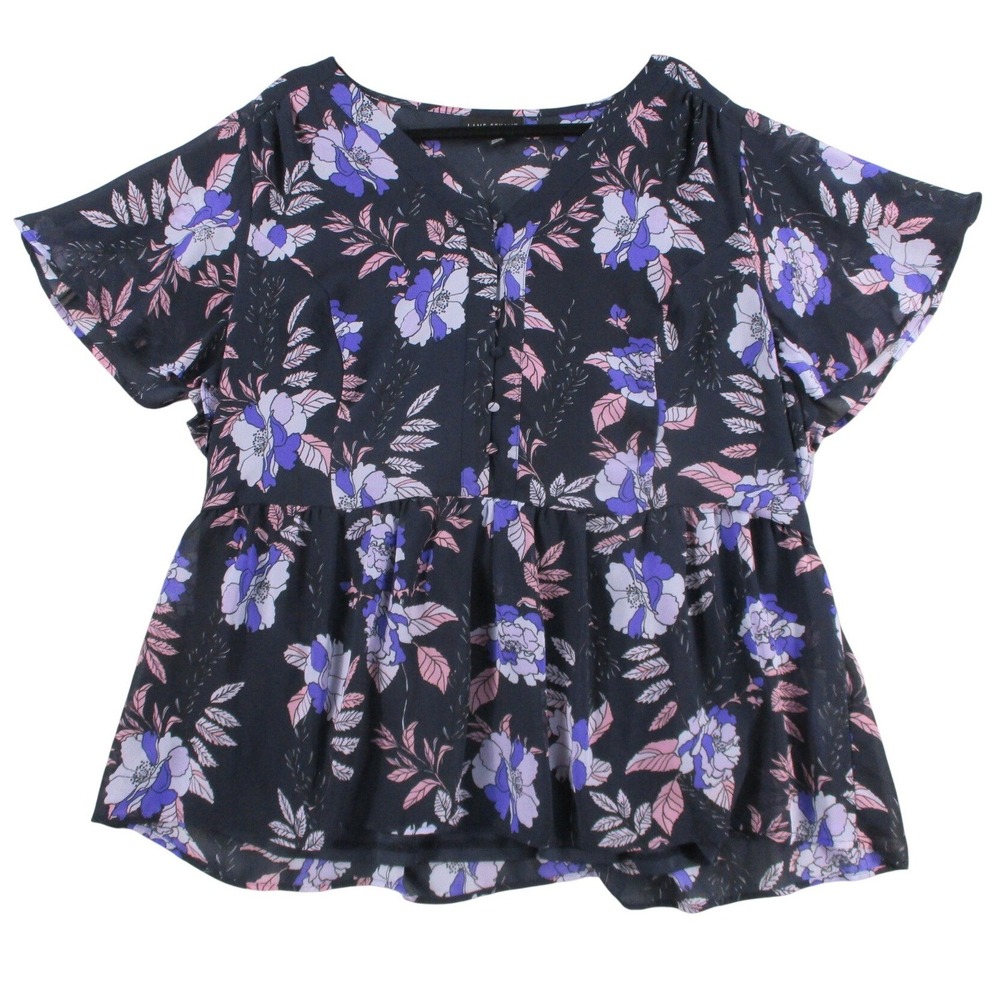 Lane Bryant Floral Peplum Top Navy Purple Flutter Sleeve V-Neck Blouse 22/24